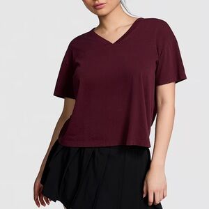 Victoria's Secret PINK Ace Cotton V-Neck Embroidered Tee in Wild Rose Size L NWT